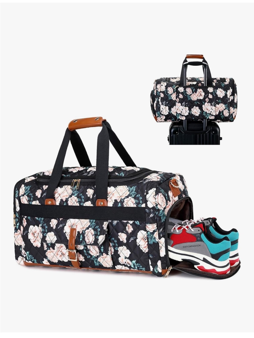 Floral Quilted Weekender Duffle Bag - Black with Blush Flowers - Picture 2 of 7